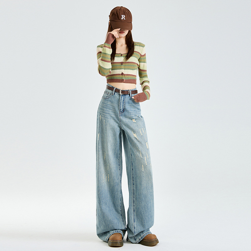 Washed Denim Wide Leg Pants Women's Autumn Wide Leg Jeans Women's Autumn High Waist Slimming Ripped Jeans Women's Autumn
