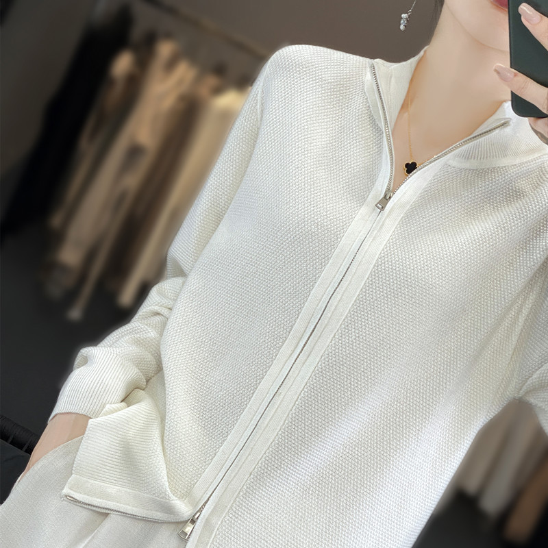Double Zipper Long-Sleeved Hooded Knitted Cardigan Women's Short Outwear Wool Sweater Loose Casual Pure Color Foreign Style Outer Sweater