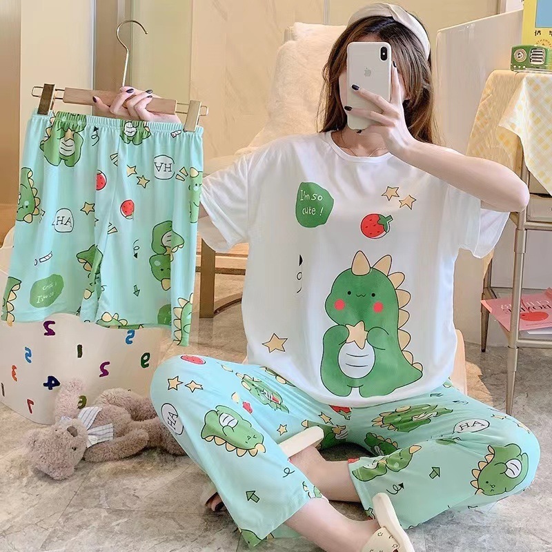 Ins Style Pajamas for Women, Short-Sleeved and Long-Pants, Summer Thin Three-Piece Set, Home Wear, Spring and Autumn, Cartoon Cute, Plus Size