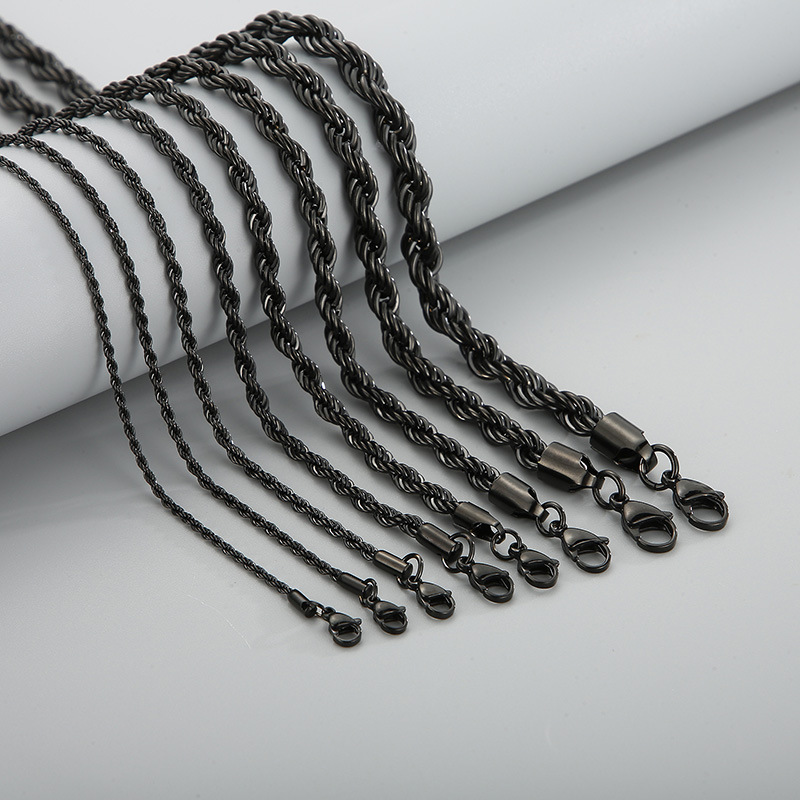Cross-Border Supply European and American Trendy Hip-Hop Men's and Women's Fashion Button Rope Chain Titanium Steel Necklace Black Twist Chain with Chain