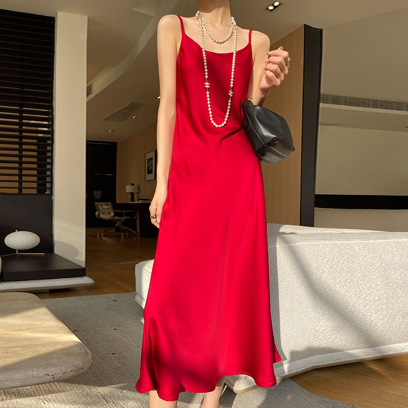 New acetate satin sling dress women's spring and summer silk mid-length dress waist slimming bottoming dress