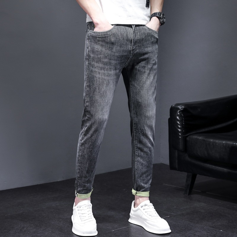 Weihua Early Autumn Men's Trendy Brand Slim-Fit Black-Gray Cropped Jeans for Teenagers Casual Wear