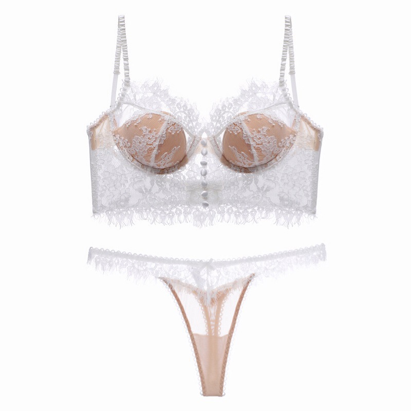 New Eyelash Lace Thin Cotton Chest Pad Transparent Color Sexy Push-up Underwear Women's U-shaped Big Backless Women's Bra Set