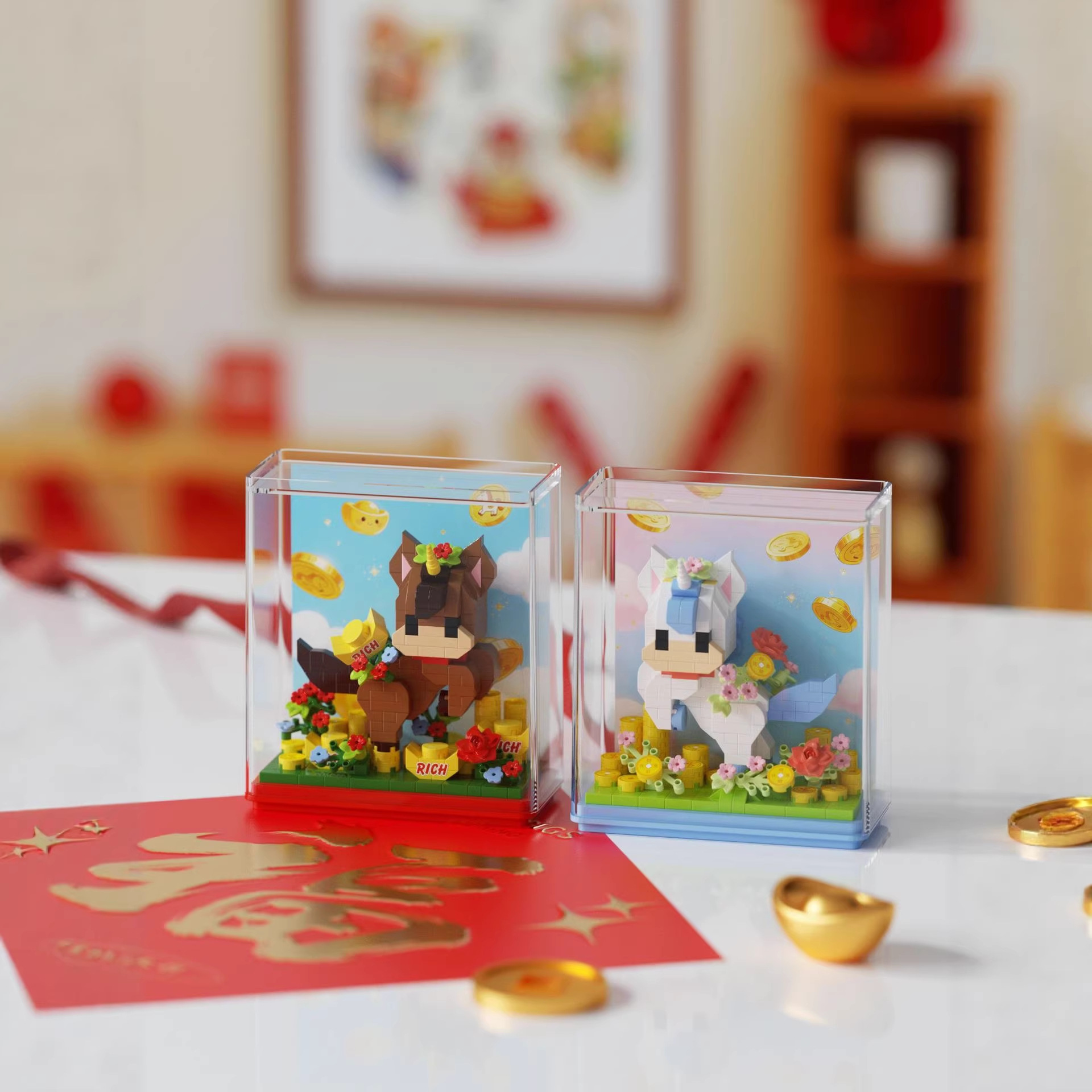 Compatible with Lego Year of the Horse Zodiac Mascot Micro-Particle Building Blocks, Creative New Year Gift DIY Ornaments