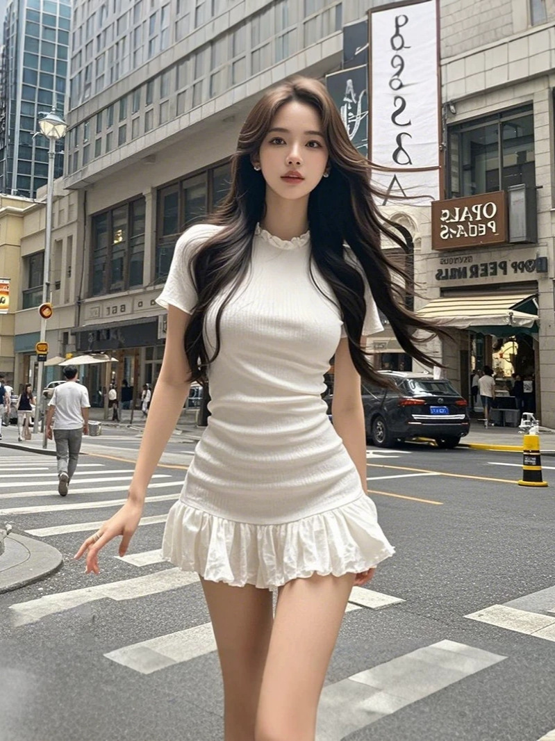 Summer Korean-Style Pure Desire Ruffled Edge Slim-Fit Short-Sleeve Dress with Unique Design and Waist-Cinching Short Skirt