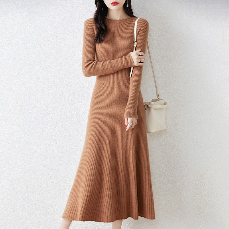 French wool dress women's 100 pure wool bottoming dress slim-fit long-sleeved cashmere sweater dress autumn and winter New