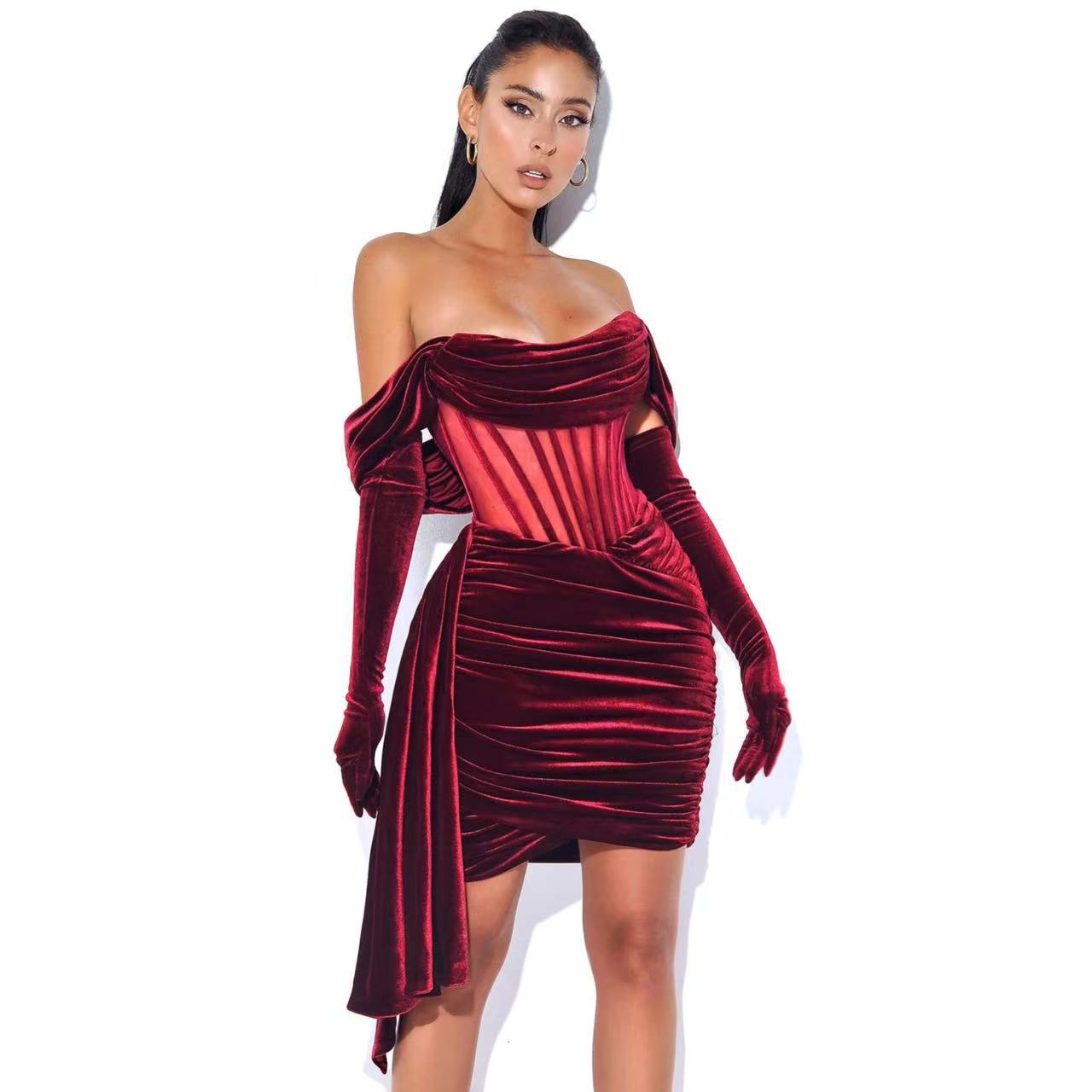 European and American Fashion Brands Dropshipping Irregular Off-Shoulder Tube Top Patchwork Pleated Bodycon Velvet Dress for Hot Girls