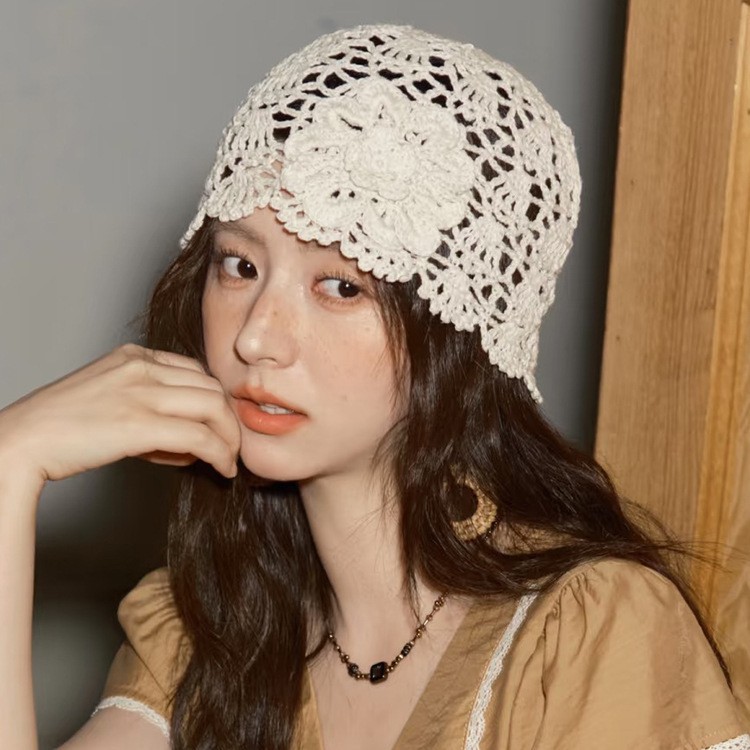 New French-Style Handmade Crochet Knit Hat for Women, Summer Hollow-Out Breathable Retro Versatile Trendy Brand Turban Hat