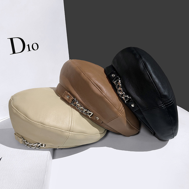 Chain Leather Beret Children British Retro Octagonal Cap Japanese Style Internet Popular Korean Style Trendy All-match PU Leather Painter