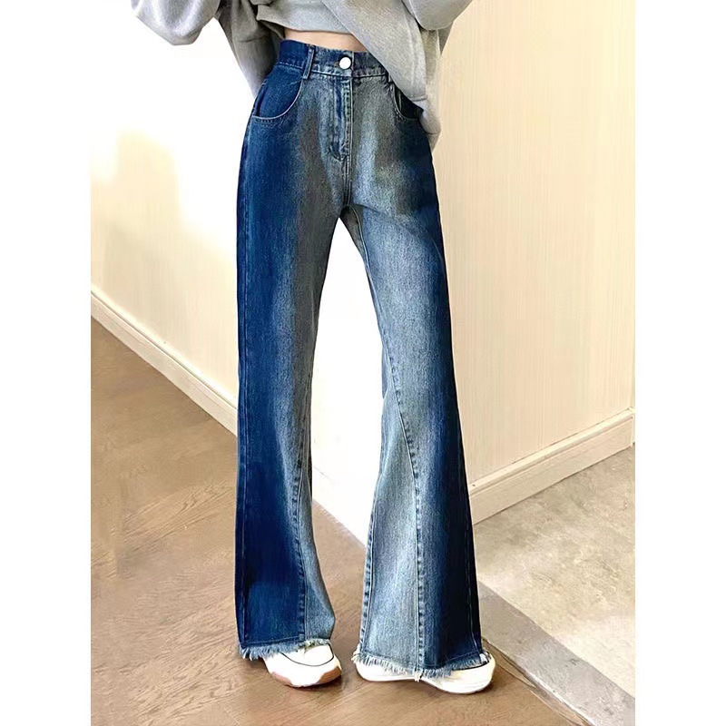 Spring and Autumn Vintage Gradient Weak Ruffled Jeans Women's Spice Girls Internet Popular New High Waist Loose Wide Leg Trousers