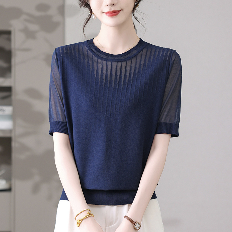 2025 New Style Western Style Middle-aged Mother's Small Shirt Fashionable Knitted Crewneck Small Shirt Summer Top Women's Short-sleeved T-shirt