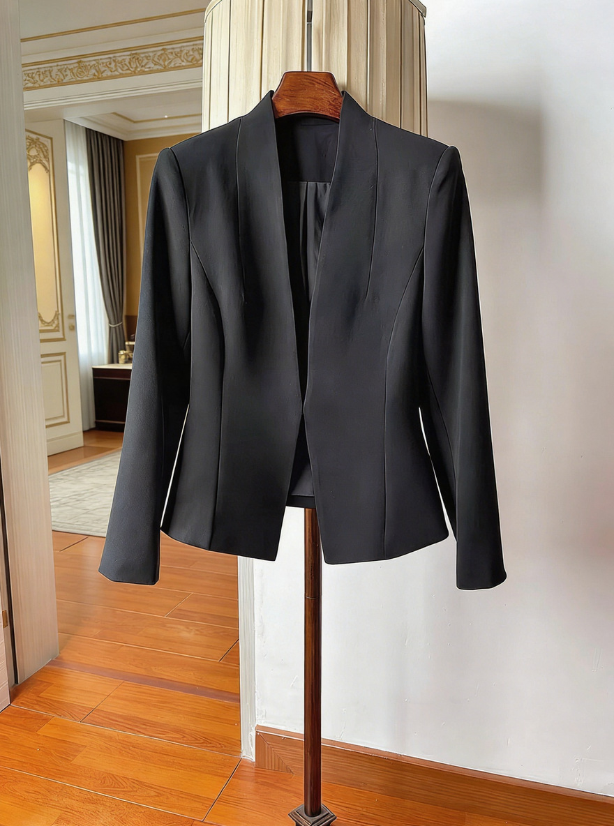 Elegant Commuter Acetate Blazer, Spring/Summer Slim-Fit, Waist-Cinching, Single-Button, Collarless, Lightweight Blazer