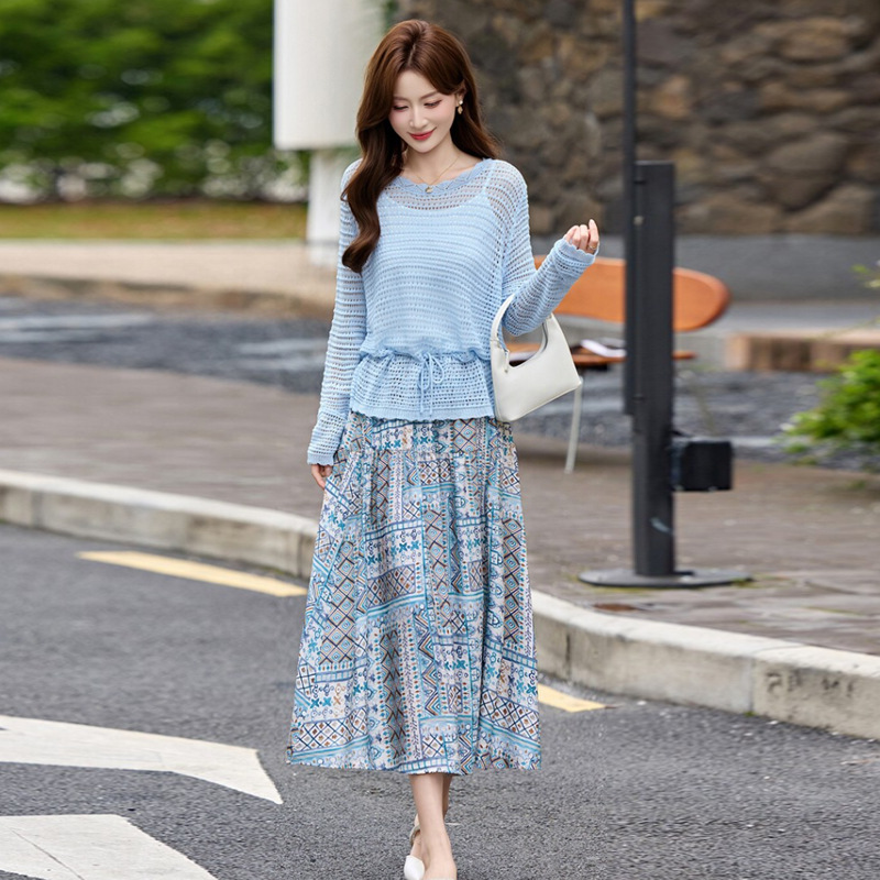 2026 Spring/Summer New Style Elegant Design Knitted Hollow Out Cover-Up Dress Set for Petite Women