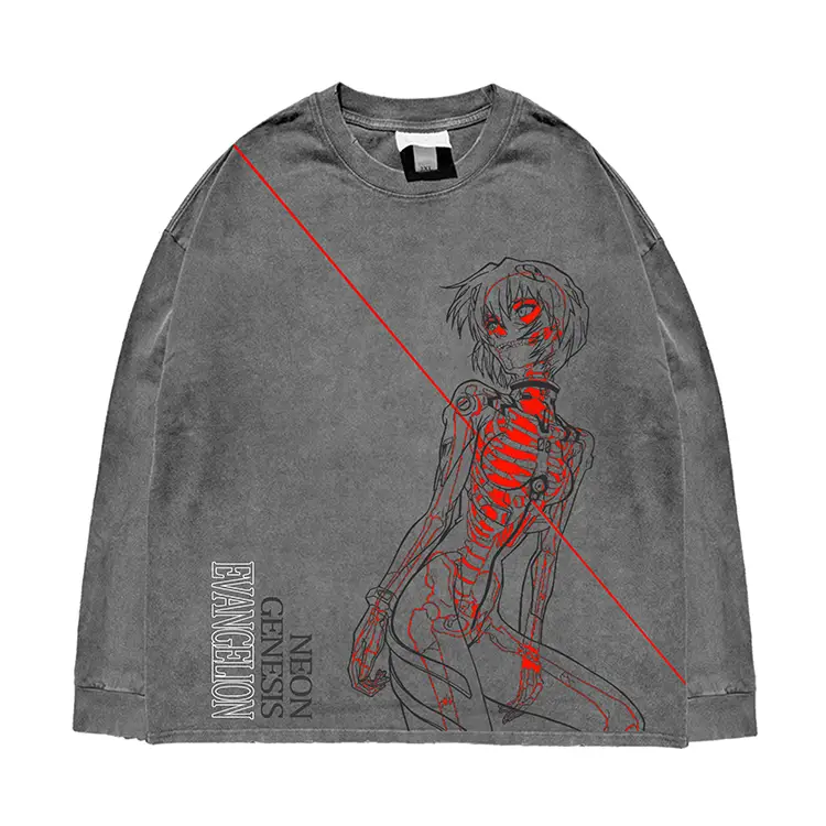 330g! Heavy-Duty! Washed and Distressed with Holes, Niche Anime Eva Evangelion Loose Long-Sleeve T-Shirt