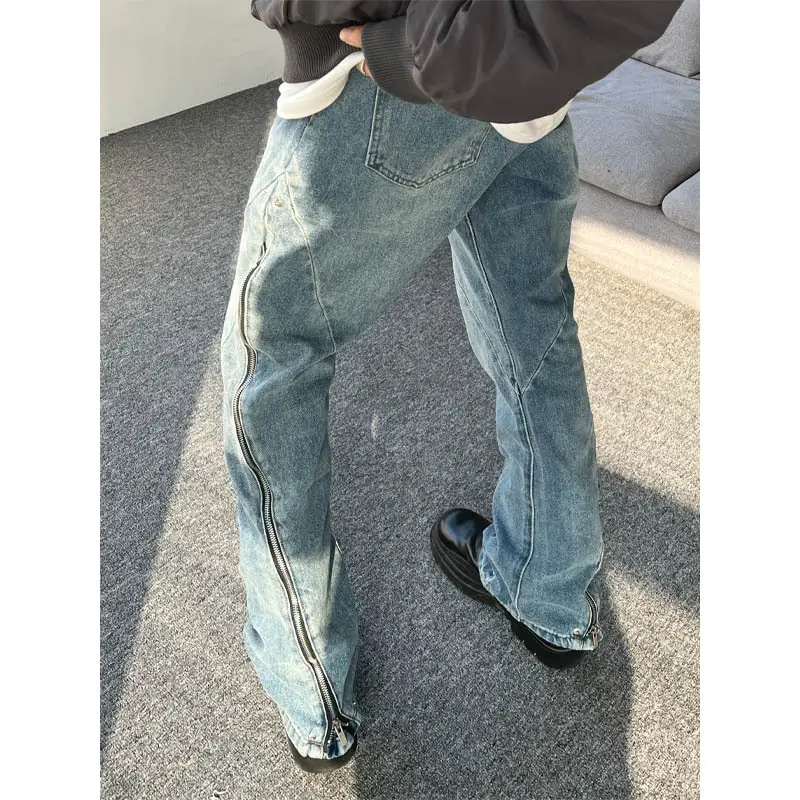 秋冬新款水洗侧边螺旋拉炼高街牛仔裤男修身显瘦直筒休闲裤