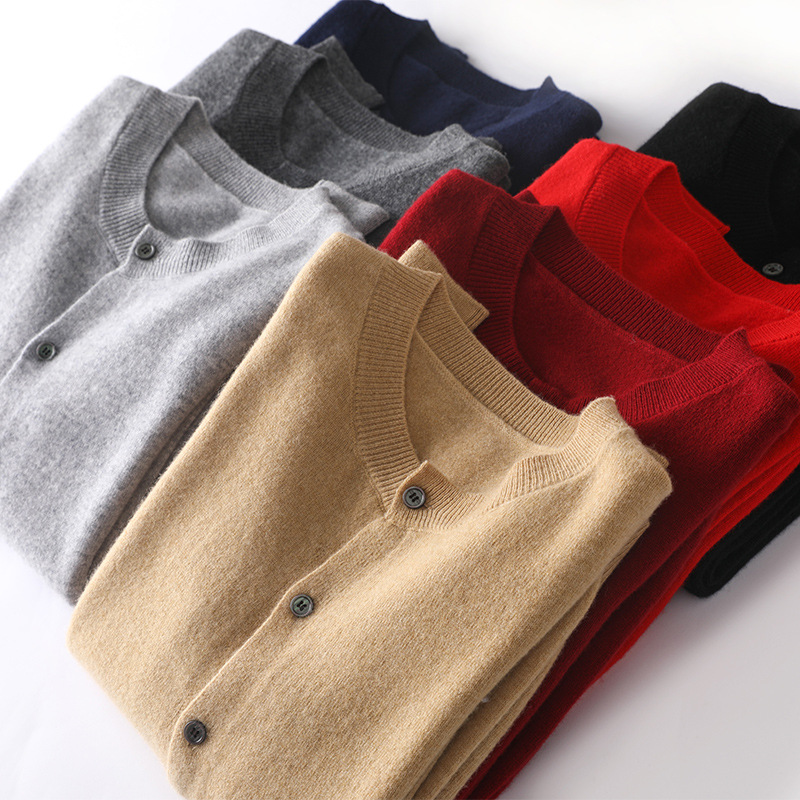 Autumn and Winter new cashmere cardigan women's round neck outer top simple wool knitted sweater coat couple wholesale