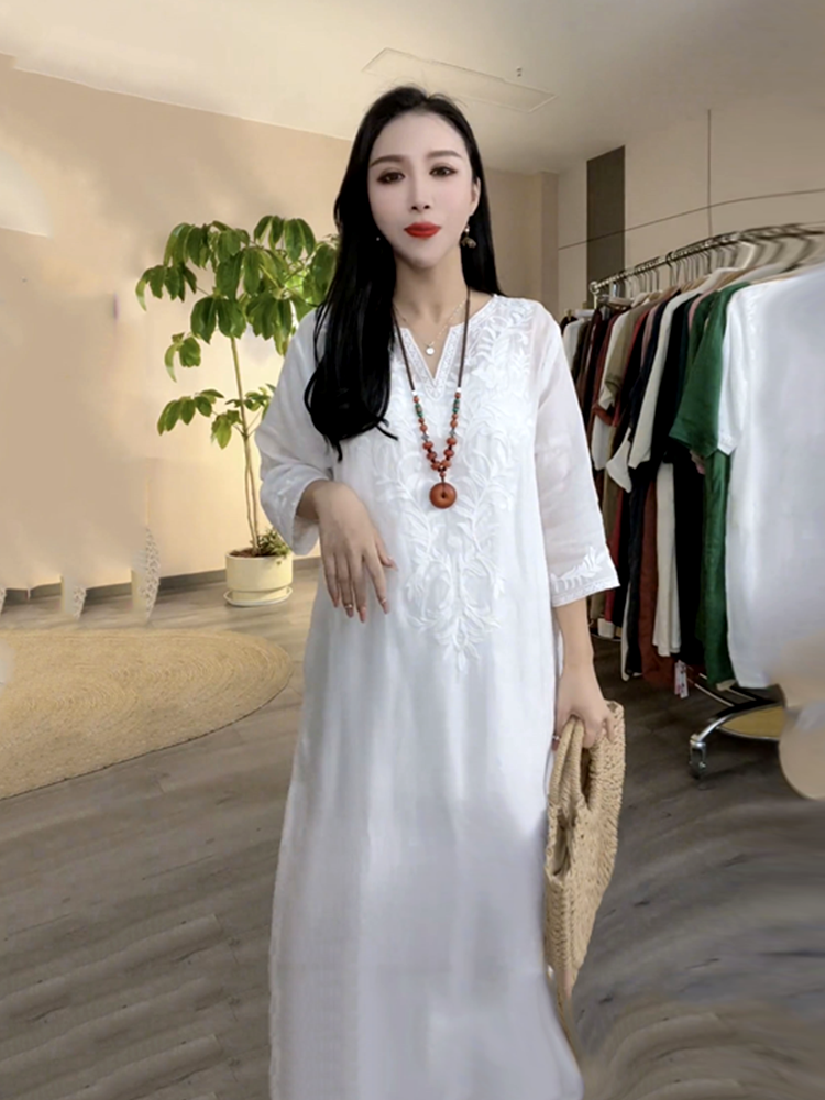 2025 Summer New Style Elegant Casual Ramie V-Neck Embroidered Dress Loose Slimming Suspender Dress Two-Piece Set for Women