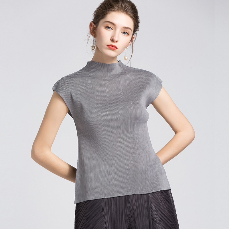 Classic Solid Color Pleated Tops for Women, Casual Sleeveless Slim Vests, Half Turtleneck Sleeveless Bottoming Shirts for Women, Dropshipping
