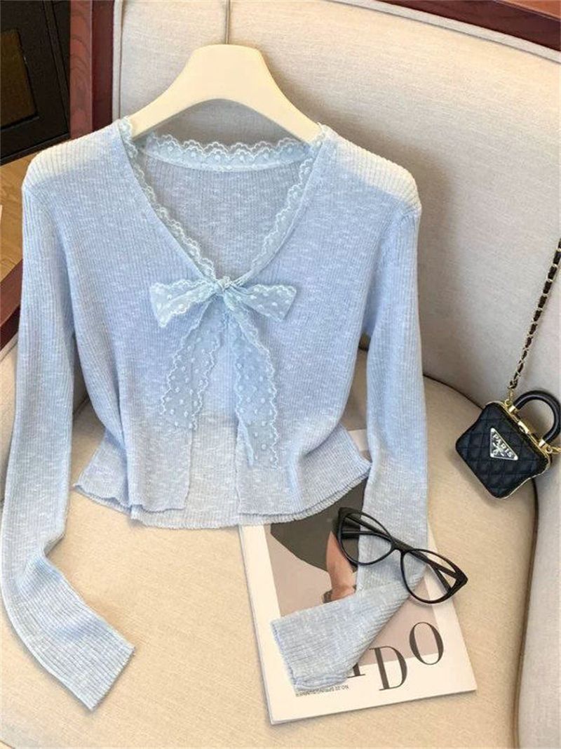 Lace Spliced Long-Sleeved Knitted Cardigan for Women, Summer Thin Ice Silk Blouse with Tie Bow, Sun Protection Top