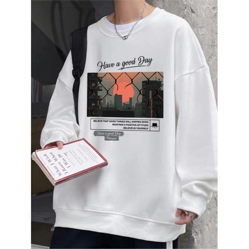 Huapian Sweater Men's Ins Fashion Brand Spring and Autumn Loose Coat Hong Kong Style Pullover Base Shirt Round Neck with Clothes T