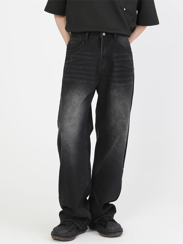 Korean style new washed distressed wide-leg straight jeans loose slimming retro versatile casual trousers men's fashion