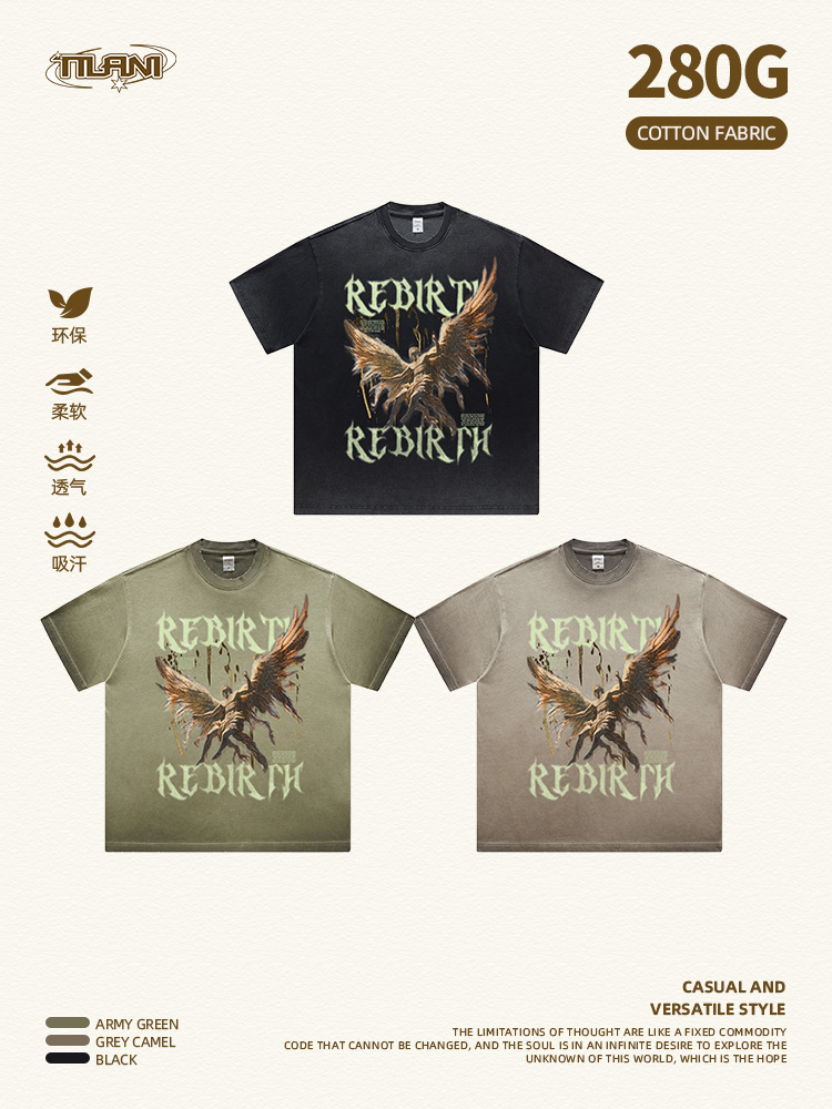 TILANI Men's Original Design Redemption Angel Youth Leisure Wear Washed 280G Men's and Women's Short-sleeved T-shirts