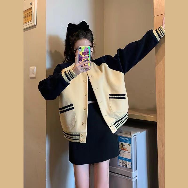 Thin Cardigan Jacket American Style Retro Baseball Suit High Street Spring and Autumn Style Korean Style Loose Jacket Top for Women