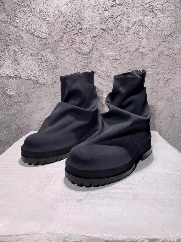 Pleated Canvas Back Zipper Short Boots British Style Old Made Retro Work Boots Black Thick Bottom Height Increase Martin Boots