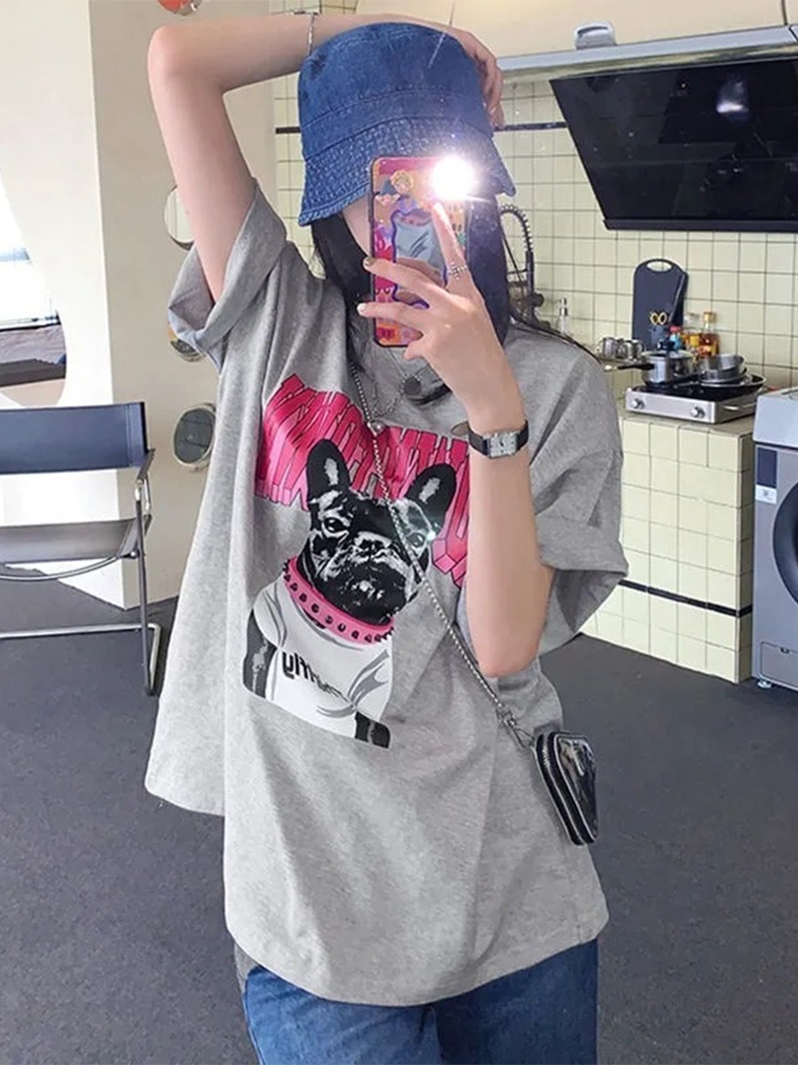American retro puppy printed short-sleeved gray T-shirt women's summer new cross-border cartoon mid-length T-shirt women's top