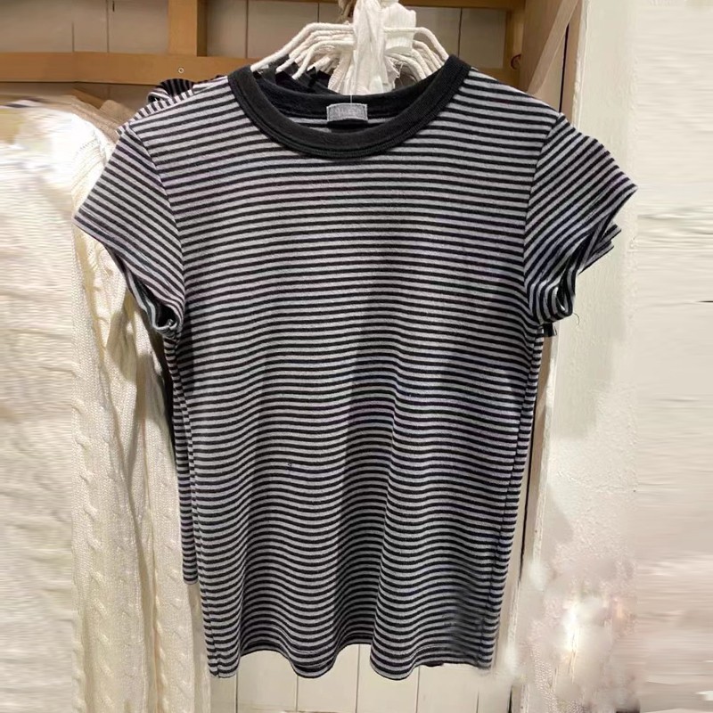 BM Style Brandy Star Same Style American Style Vintage Stripe bm Short Sleeve Cotton Brown All-match Age-reducing Round Neck T-shirt for Women