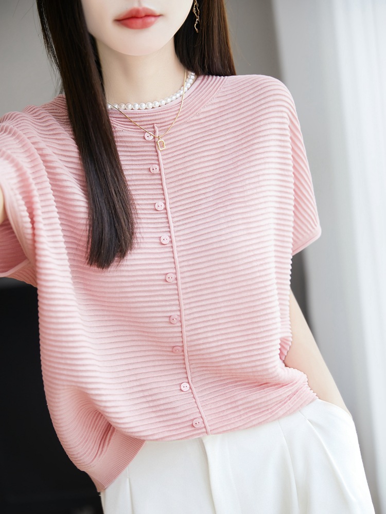 Tencel Lyocell Knitted Short Sleeve Pullover Ribbed T-Shirt for Women, Summer 2025, Comfortable Loose Slimming Top Wholesale