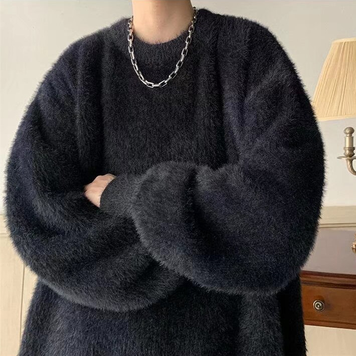 Men's Mauhair Sweater Winter Thickened Korean Style Fashionable Base Knitted Sweater Loose Inner Hong Kong Style Round Neck Sweater