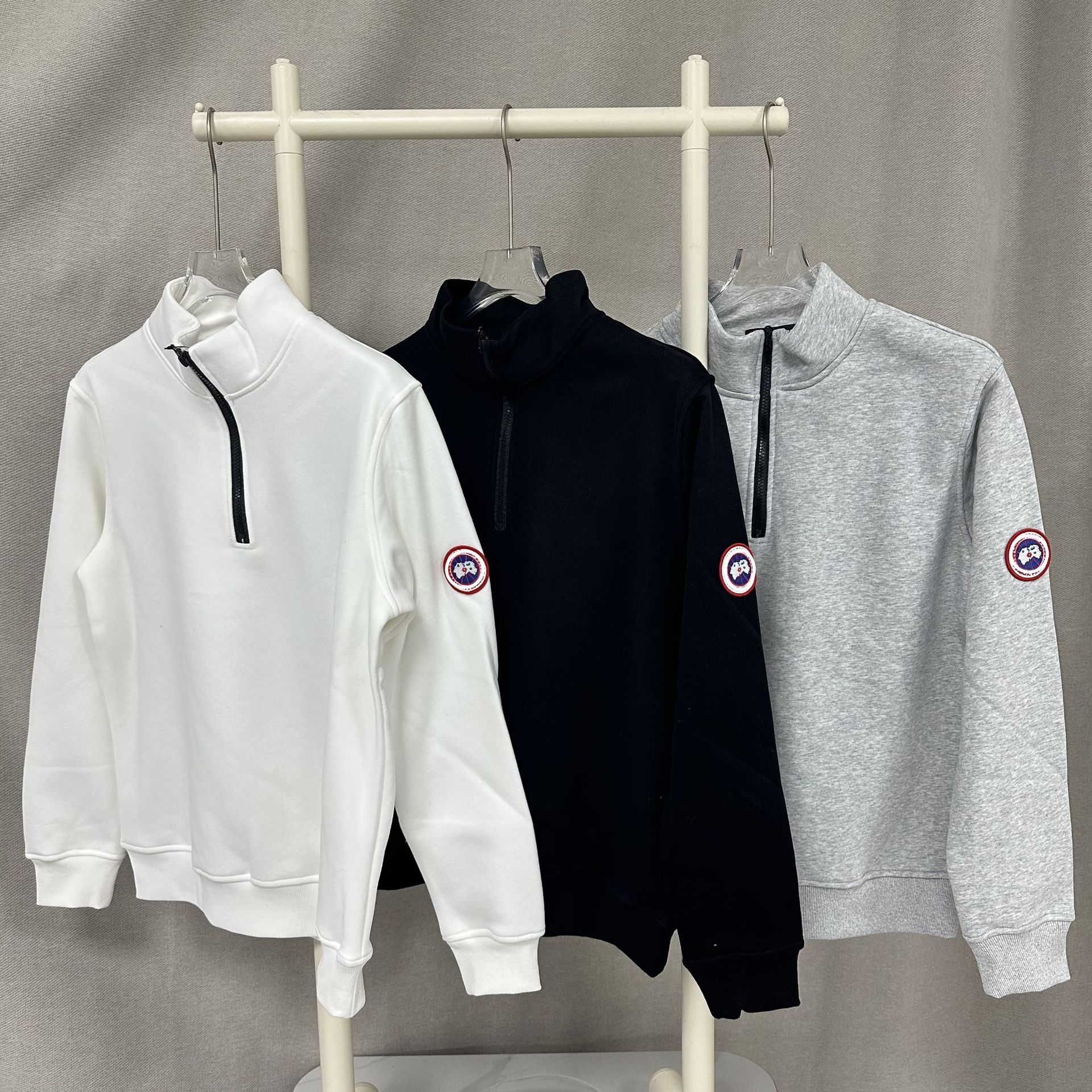 Goose cross-border supply Canada half zipper solid color badge fleece-lined sweater Amazon pullover long sleeve men's and women's