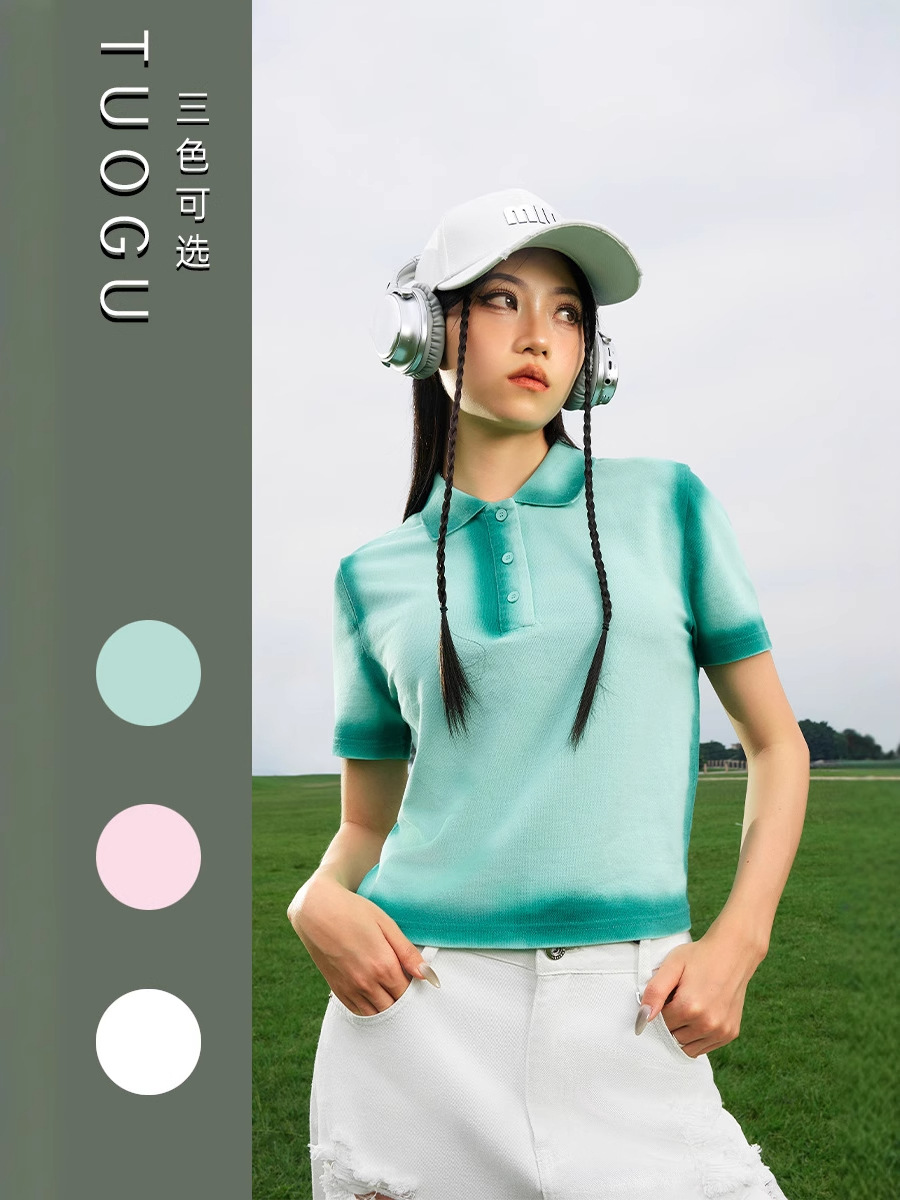 Gradient Color Straight Collar Short-Sleeve Women's T-Shirt Summer Fashion Trendy Short Top Ins Fashion Polo Shirt