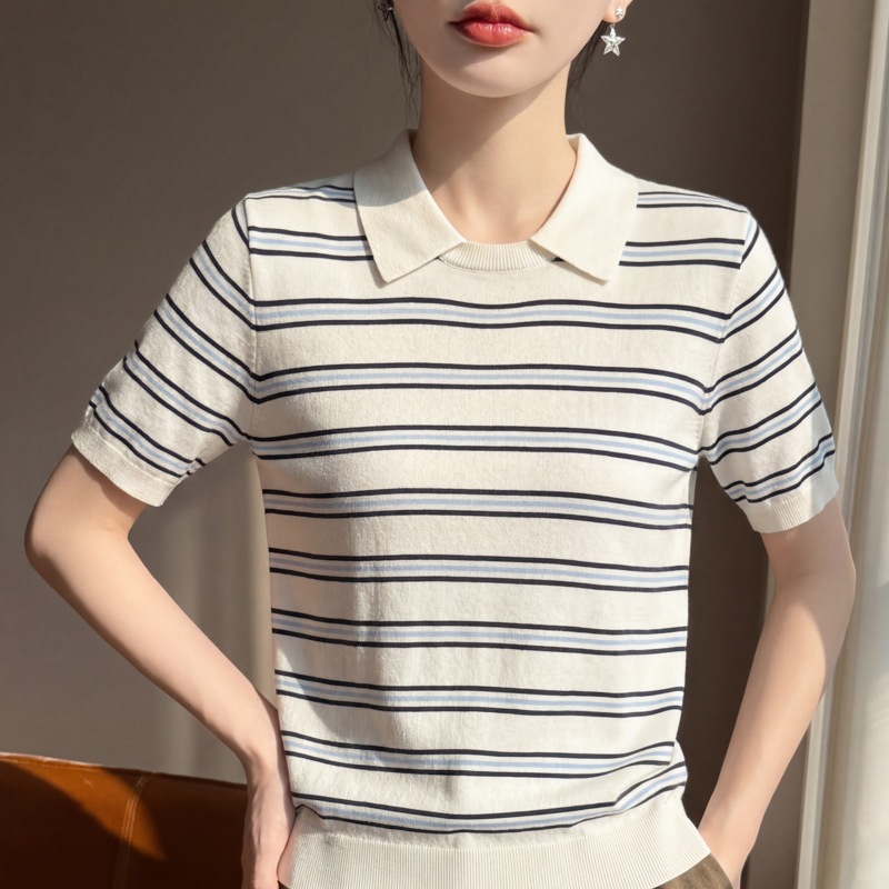 100% Lyocell Tencel Retro Striped Polo Collar Short-Sleeved T-Shirt for Women 26 Summer Breathable Loose Thin Top