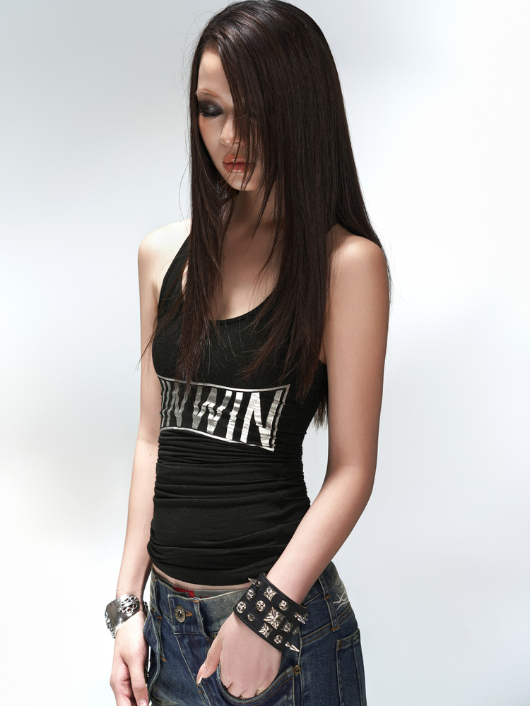 [Pccvision] 3Man0N Winwin I-Shaped Silver-Embossed Ultra-Elastic Breathable Printed Black Long Tank Top