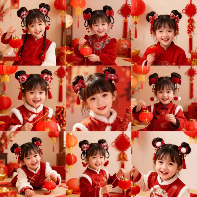 New Year Atmosphere-Themed Photo Hair Clip for Children, Sweet Tassel Bow Hairpin, Side Bangs Duckbill Clip Hair Accessory for Girls