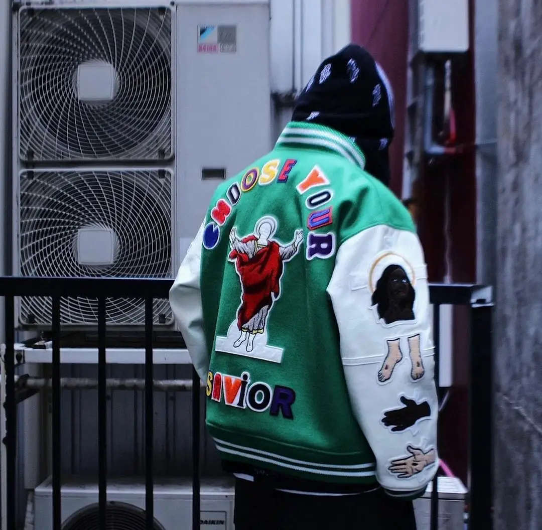 Saint Michael X DenimTears Embroidered Leather Sleeve Tweed Baseball Jacket Jacket