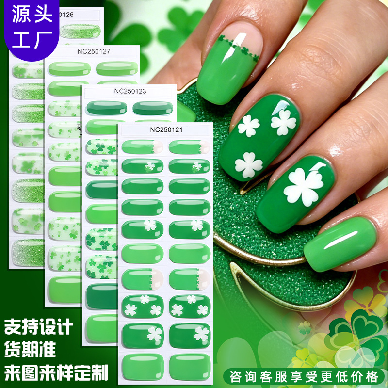 Zhengxiang Cross-Border New Four-Leaf Clover Semi-Cured Gel Nail Stickers Irish St. Patrick's Day Uv Nail Stickers