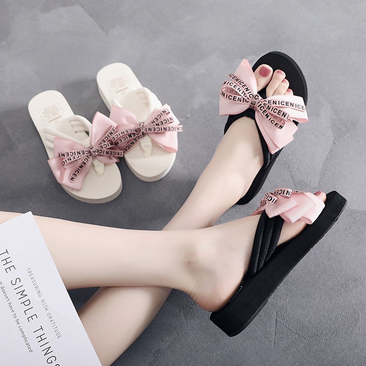 Cross-border Hot-selling Bow Casual Sandals Women's European and American Cute Non-slip Height-increasing Flip-flops Wear-resistant Lady Slippers for Women