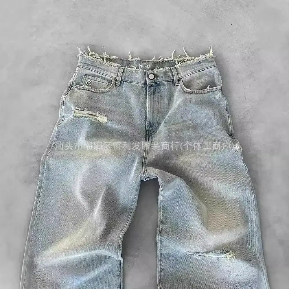Full embroidery high street tide brand cross-border factory direct European and American old straight hole jeans men's Denim trousers