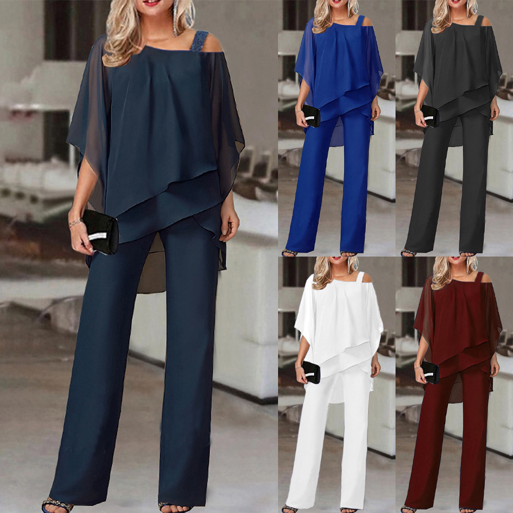 Batwing Sleeve Top and Long Pants Women's Casual Off-Shoulder Irregular Party Set Elegant Two-Piece Set 2026 Spring Summer Autumn 66