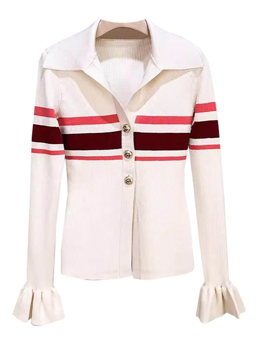 French-Style S Brand 2026 Spring Slim-Fit Color-Block Flared Sleeve Cardigan Knit Top with Slit and Exposed Navel, Turn-Down Collar, Long-Sleeve Shirt