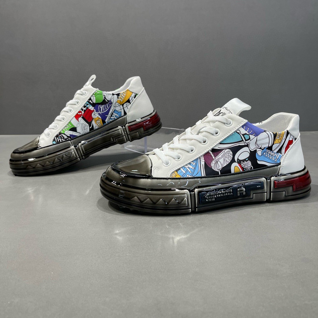 High-end Glue Leather Sneakers Men's Trendy All-match Graffiti Shoes Thick-soled Men's Light Luxury Casual White Shoes for Men