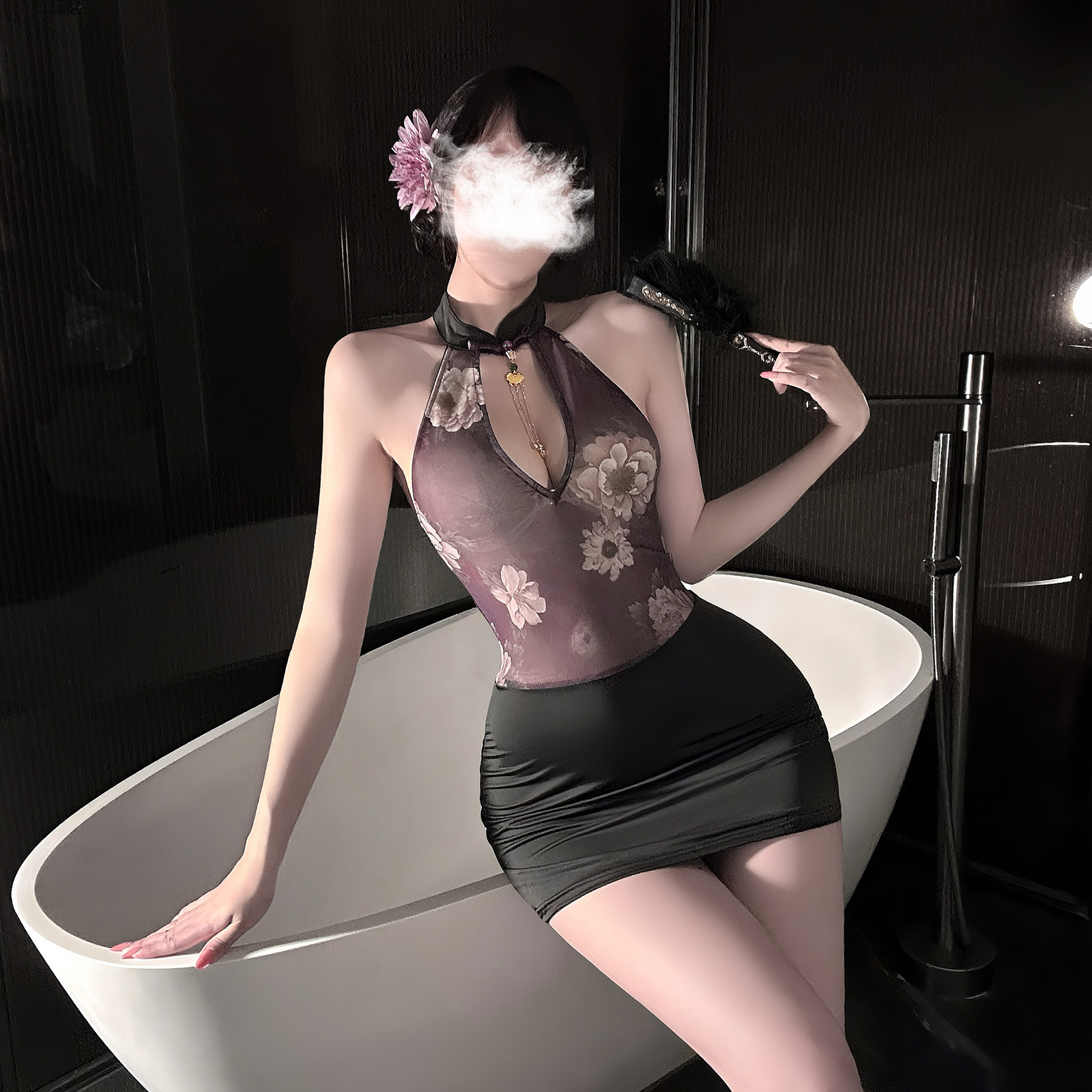 Golden Night Sexy Lingerie with a Sensual Charm, New Chinese-Style Cheongsam with Halter Neck, Printed Bodycon Skirt, Slim-Fit Secretary Outfit