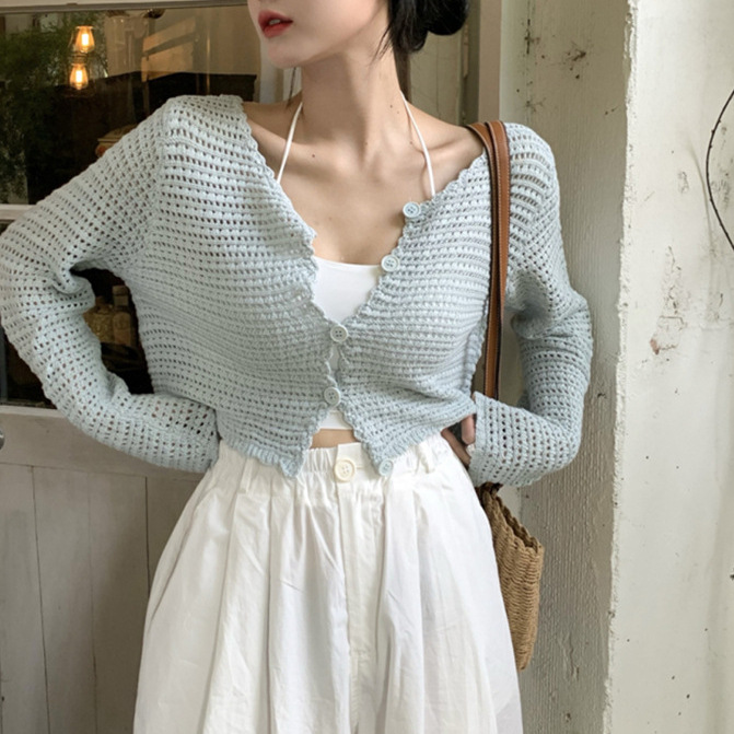Blouse Cut Out Knitwear Thin Sun Protection Cardigan Small Outwear Women's Summer Design Niche Short Outer Top