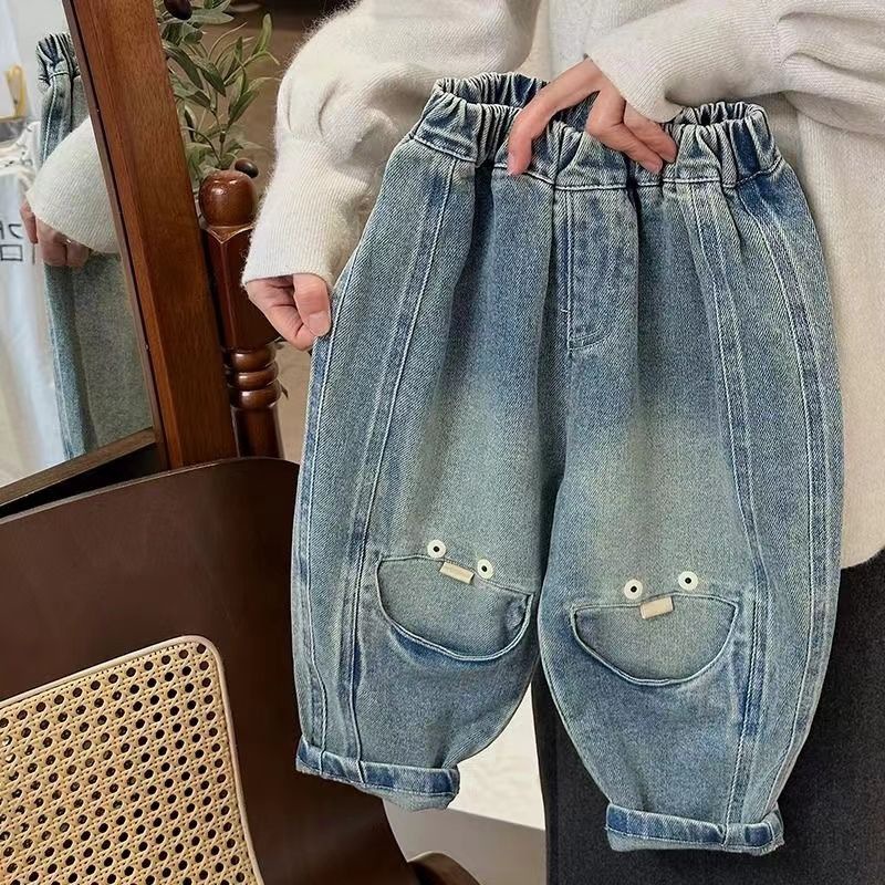 Spring and Autumn Men's and Women's Children's Wear Jeans Baby's Western Style Children's Personalized Trendy Brand Korean Style Cartoon Patch Radish Harem Pants