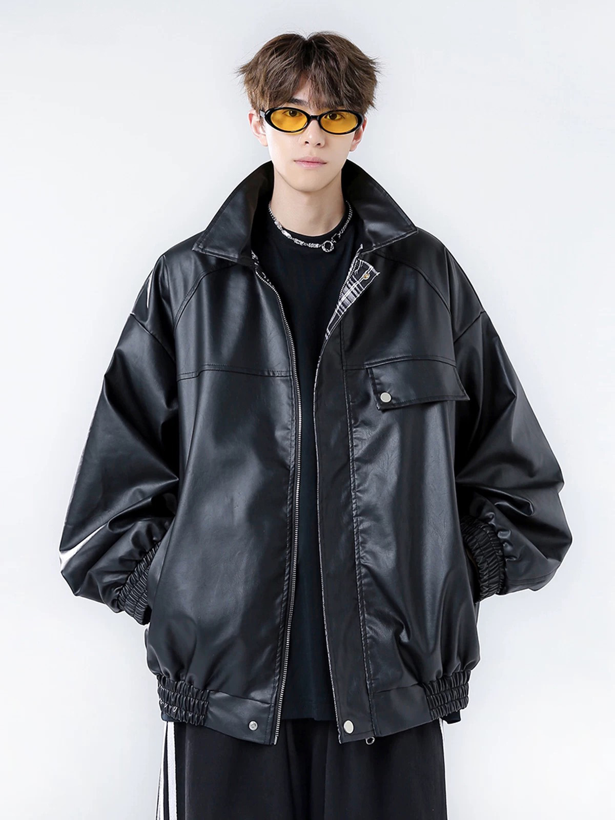 Double-sided Spring and Autumn New Lapel PU Leather Jacket Men's Riding Motorcycle Leather Jacket Men's American Style Street Retro Jacket Trendy