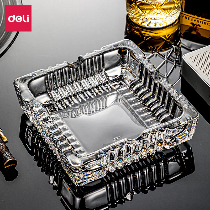 Deli 9579 Crystal Ashtray Thickeneded Glass Ashtray 150*150mm Large Office Stationery Wholesale