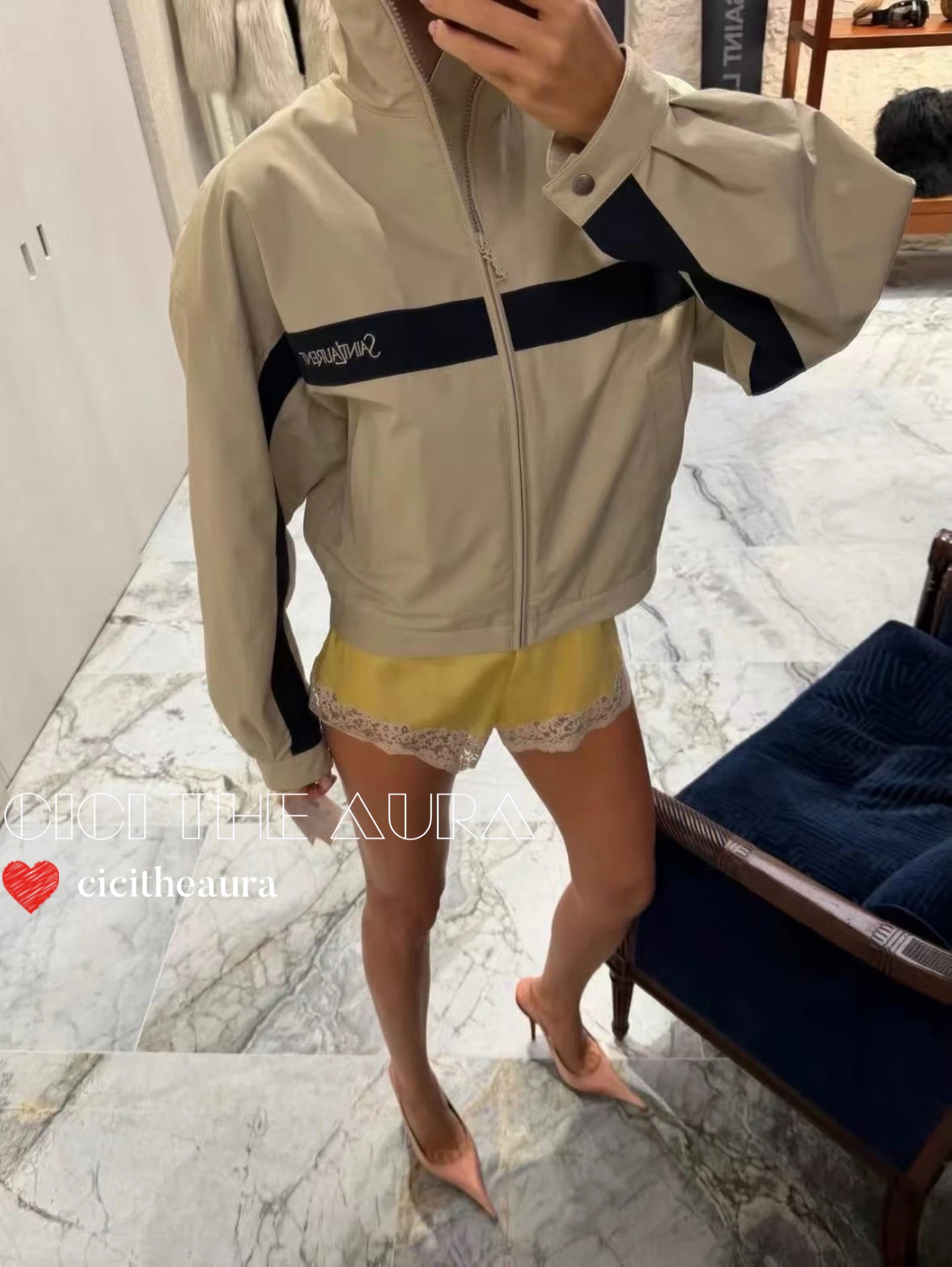 YSL26新款 卡其色字母刺绣拼色帆布休闲夹克外套